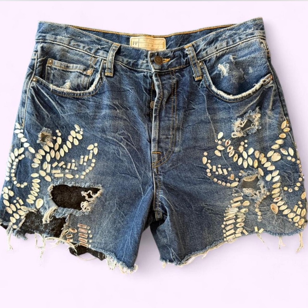 Rare Free People - Size 28 - Rhinestone Embellished Denim Shorts - 100% Cotton